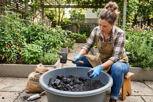 A gardener crushing large hardwood charcoal pieces into ideal two-to-five-millimeter granules inside a tub.