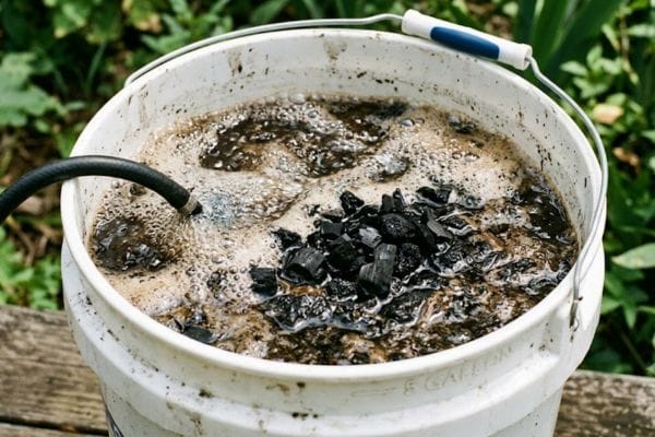 A white bucket filled with frothy dark brown compost tea and biochar being aerated by an air stone bubbler.