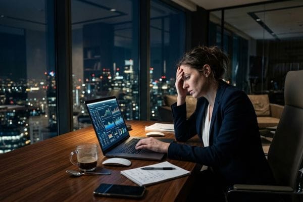 Stressed corporate worker experiencing late night office burnout before making a time wealth shift