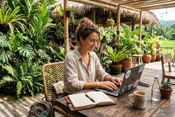Remote digital nomad consultant working from a garden cafe terrace after achieving a time wealth shift