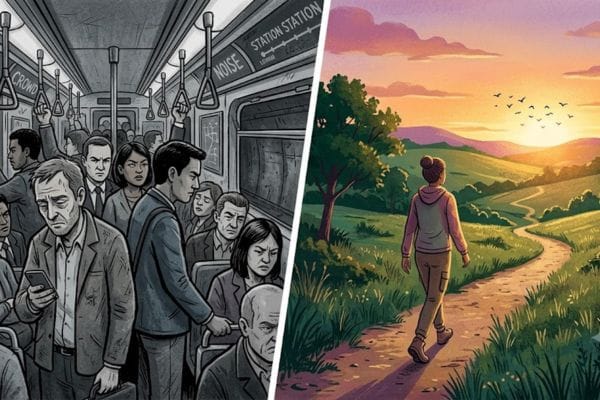 Split comparison illustration corporate rat race vs freedom lifestyle