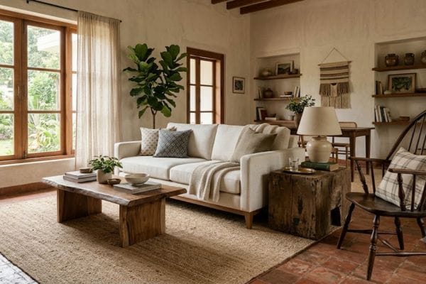 A modern cottage style living room featuring a neutral modern fabric sofa styled next to a vintage dark wood spindle accent chair.