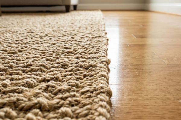 A chunky woven natural jute area rug layered over smooth, light-colored hardwood laminate flooring.