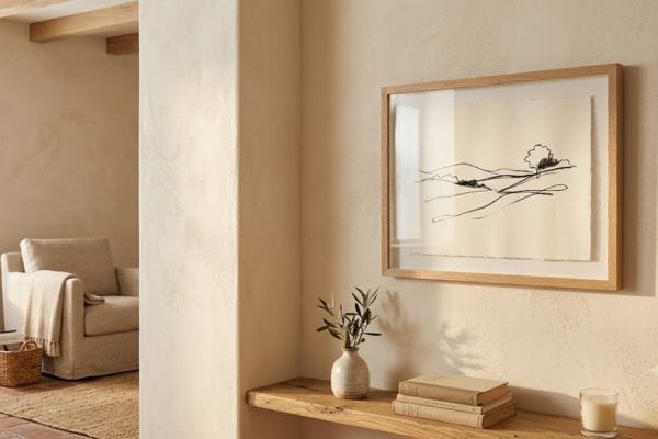 A modern cottage style living room corner showcasing a warm cream wall paint with subtle earthy undertones.