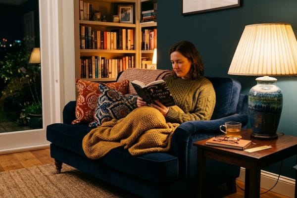 A modern cottage style evening living room scene illuminated by a soft floor lamp with a pleated fabric shade.