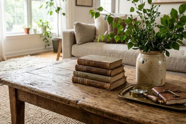 A weathered pine coffee table decorated with hardcover books and a ceramic pot of green branches.