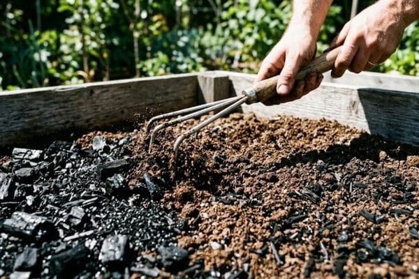 Mixing black activated biochar into a raised garden bed using a steel hand cultivator tool.