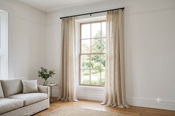 Oatmeal linen curtains hung high and wide on a matte black rod near the ceiling.