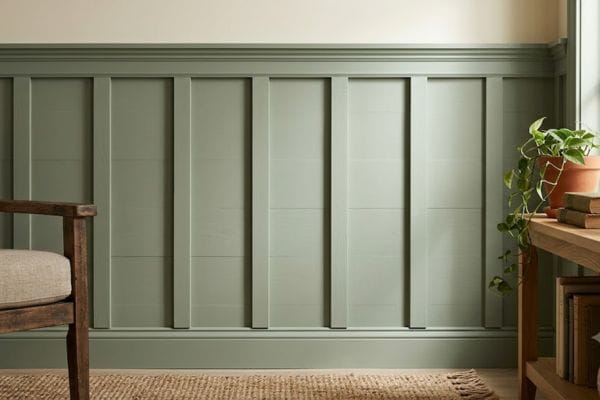 A close-up of a vertical board and batten wood accent wall painted in deep sage green.