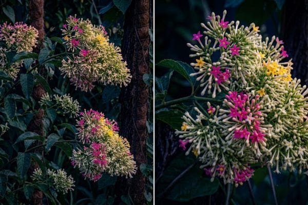 Bi-color hot pink and yellow Four O'Clock flowers blooming together on a bush
