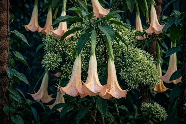 Large trumpet-shaped peach Angel's Trumpet flowers hanging down from a shrub