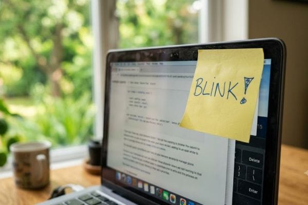 A sticky note reminder on a laptop screen with the text 'Blink Often' to help fix screen motion sickness.
