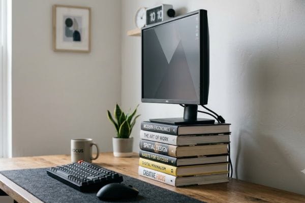 A computer monitor raised on a stack of books to help fix screen motion sickness by aligning the display with eye level.