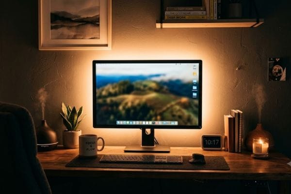 Warm ambient bias lighting installed behind a desk monitor to fix screen motion sickness and reduce eye fatigue.