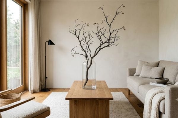 Minimalist Quiet Luxury Living Room featuring a large, sculptural branch in a clear glass vase for a sophisticated, budget-friendly decor look.