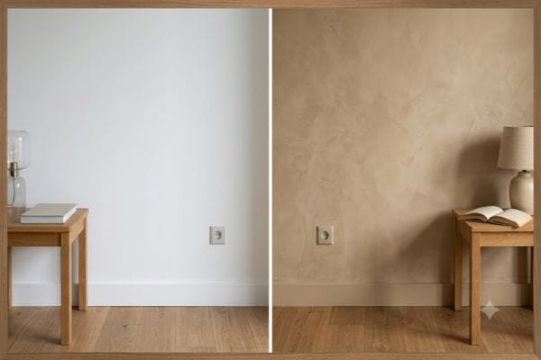 Before and after transformation of a Quiet Luxury Living Room featuring walls painted in elegant, warm complex neutral tones.