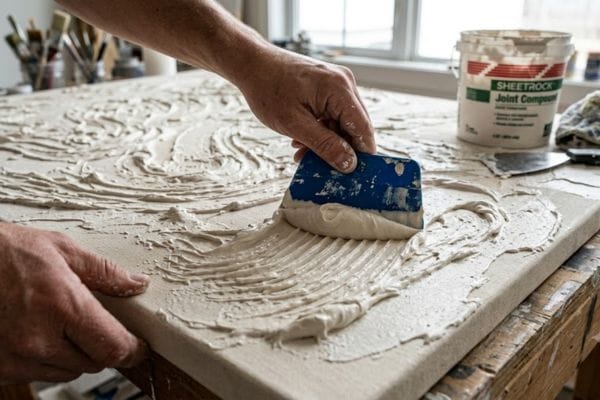 Step-by-step tutorial on creating DIY textured wall art with joint compound to elevate a Quiet Luxury Living Room.