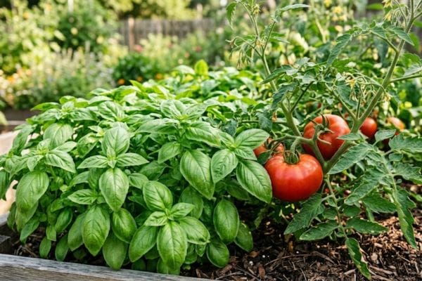 Companion planting close-up of organic basil and tomato plants thriving together in a wooden raised garden bed.