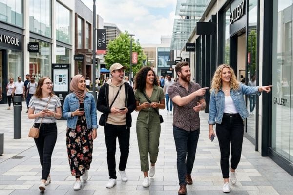 group of friends practicing de influenced hanging out at a mall