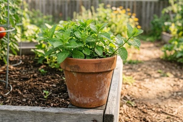 Companion planting involves growing mint in a separate container near vegetable rows to effectively control its aggressive roots.
