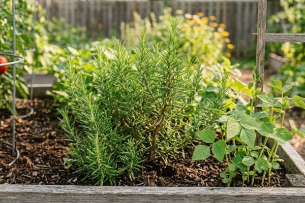 Companion planting with a woody rosemary shrub growing alongside garden bush beans provides natural pest defense for your crops.