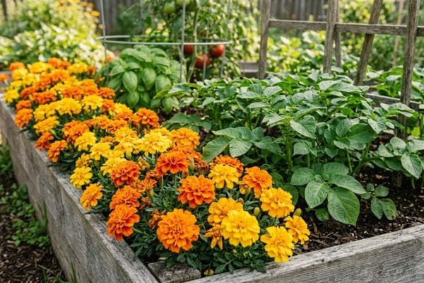 Companion planting with flowering orange marigolds placed as a protective border row next to potato plants helps deter pests naturally.