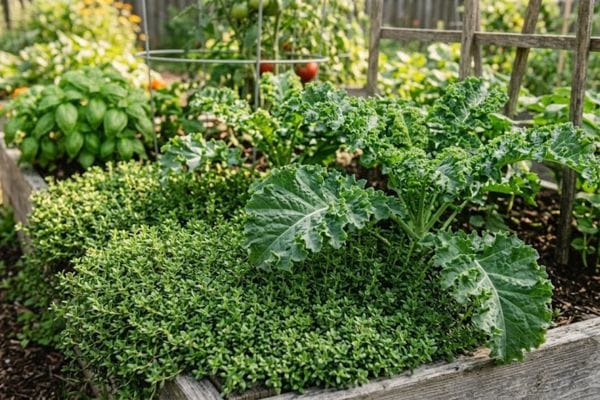 Companion planting with creeping thyme utilized as a living mulch under organic curly kale plants helps retain soil moisture and suppress weeds.