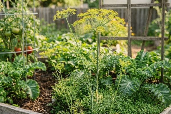 Flowering dill stalks growing in a vegetable patch to attract beneficial predatory wasps.
