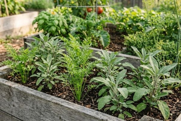 Interplanted rows of root vegetables and musky sage herbs in a backyard kitchen garden.