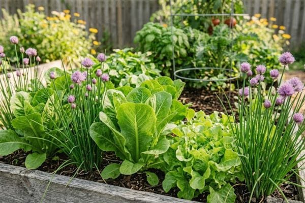 Purple flowering chives interplanted directly alongside green salad lettuce rows.