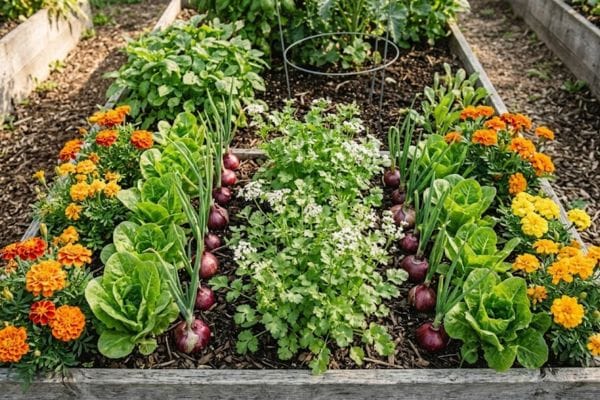Aerial view of a diverse companion planting layout combining herbs, flowers, and vegetables together.