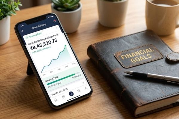 A crisp close-up of a mobile banking app displaying a 'High Savings' balance, resting on a desk next to a leather budget notebook, perfectly capturing the essence of Loud Budgeting.