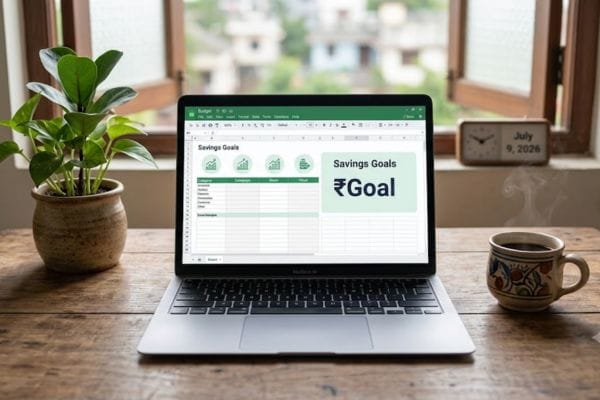 A top-down view of a tidy desk setup reveals a simple financial budget worksheet open on a laptop screen next to a cup of coffee, illustrating the organized approach of Loud Budgeting.