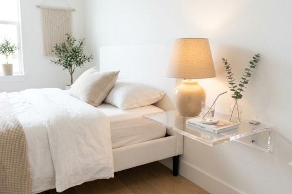 DIY Acrylic Side Tables next to a minimalist bed showing luxury floating look.