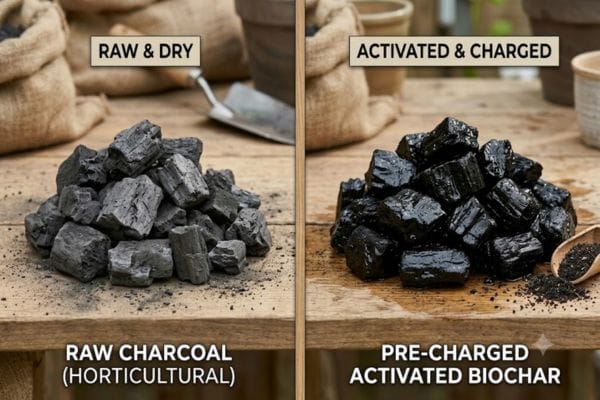 Side-by-side close-up comparison of dry raw horticultural charcoal chunks and wet carbon-charged biochar.