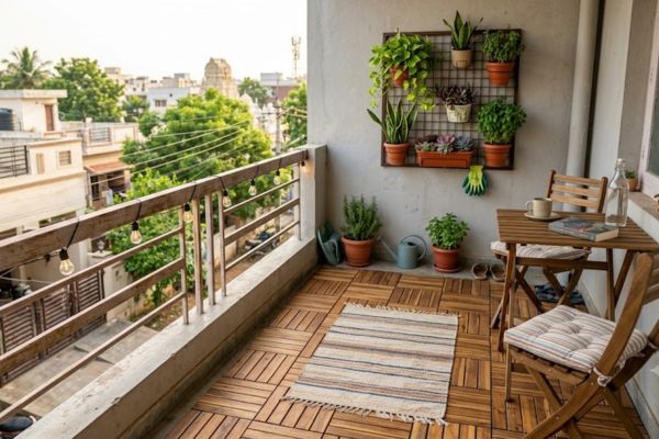 Small apartment balcony with interlocking wooden deck tiles and a small outdoor rug.
