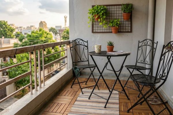 Compact folding bistro chair set on a narrow apartment balcony.
