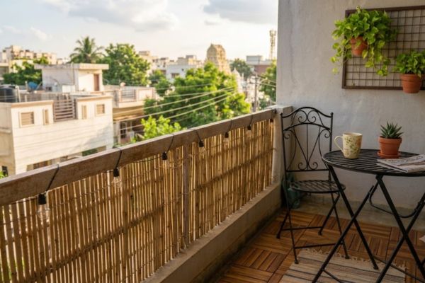 Natural bamboo fence screen installed on balcony railing for privacy.