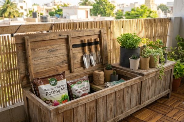 A functional wooden outdoor storage bench on a balcony holding garden supplies inside, a practical example of balcony garden upgrades.