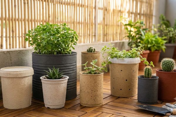 Upcycled textured painted tin cans used as stylish budget plant pots.