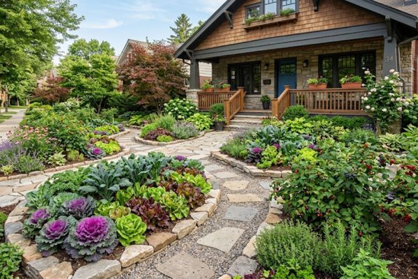 front yard foodscaping design with raised beds and edible kale greens.
