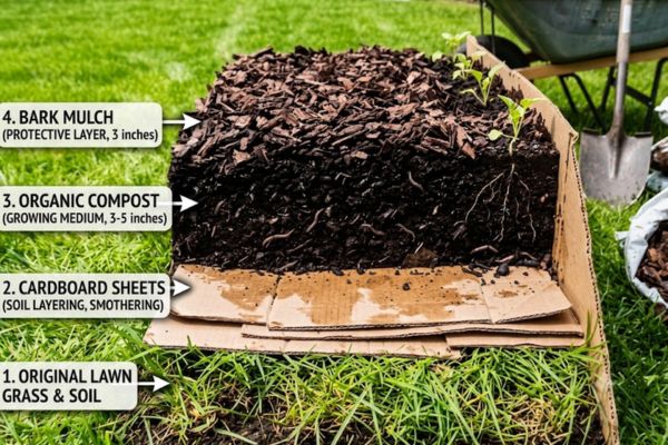 sheet mulching layers using cardboard and compost to kill lawn grass naturally.