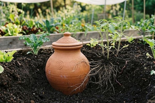 buried terracotta olla pot providing deep root watering in edible garden bed.