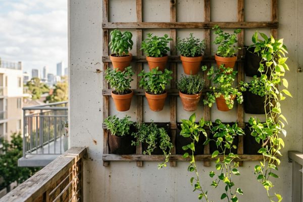 Vertical wall hanging wooden trellis with terracotta pots and pothos plants on a narrow apartment balcony, showing popular balcony garden upgrades.