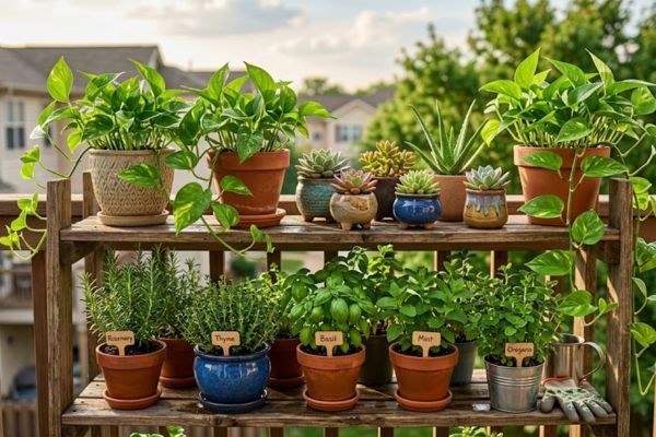 Collection of hardy balcony plants including trailing Pothos and succulents in pots as essential balcony garden upgrades.