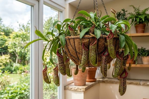 Tropical Nepenthes hanging bug eating plants for indoor insect control.