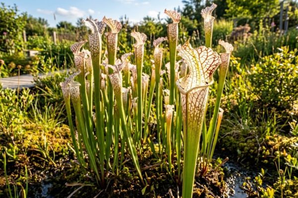 Tall outdoor Sarracenia bug eating plants catching insects on a balcony.