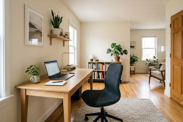 commanding desk layout facing the room entrance with solid wall behind.
