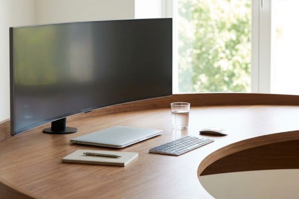 clean desk setup with 180 degree clear horizon free of cords and clutter.