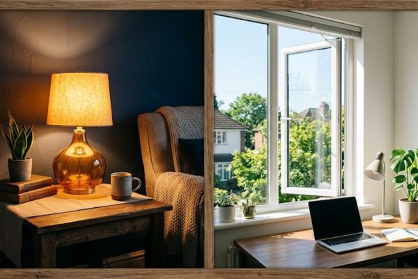 circadian lighting setup comparing bright morning light to warm evening lamp.